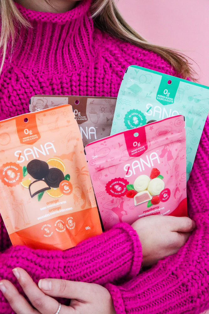 
                  
                    Sana, Bouchées chocolatées blanches framboise sans sucre ajouté | Lot de 6 paquets de 100 g | Bouchées chocolatées, zéro sucre ajouté, faibles en glucides, sans gluten, élevées en protéines
                  
                