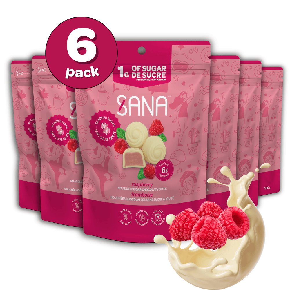 Sana, Bouchées chocolatées blanches framboise sans sucre ajouté | Lot de 6 paquets de 100 g | Bouchées chocolatées, zéro sucre ajouté, faibles en glucides, sans gluten, élevées en protéines